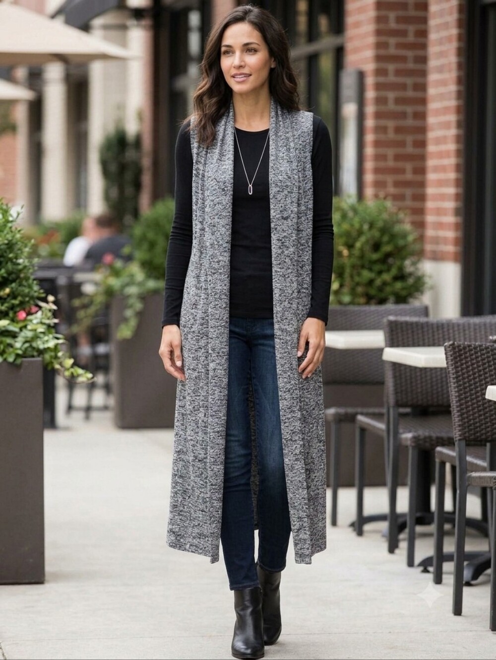 Sleeveless Open-Front Extra Longline Vest - Heather Gray Size S
